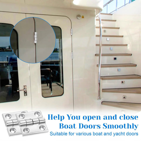 Installed Lemecima 6-pack marine-grade stainless steel boat hatch hinges, 316, 2x2 in or 1-1/2x1-1/2 in