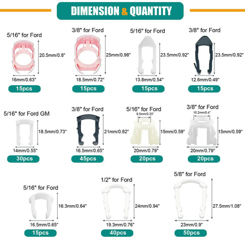 280 Pieces Fuel Line Retainer Clips Set With 11 Sizes For 1/2 Inch And 5/8 Inch Fuel Lines Fits Ford LaCrosse Century Allure Lucerne GMC Envoy And Other GM Vehicles Must Have Auto Repair Gear, size chart