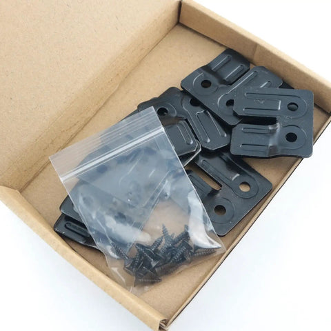 Heavy Duty Thickened Horizontal Table Leaf Connectors With Rustproof Flat Head Screws in a box, includes ten connectors and screws.