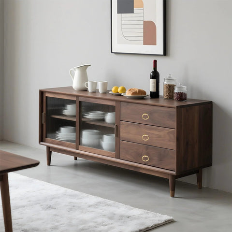 Wooden sideboard with three drawers, each featuring brass ring drawer pulls set 2 pieces 0.79 inch gold tone cabinet knobs and drawer rings.