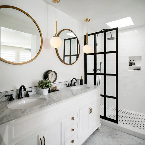 Modern Globe Pendant Light For Kitchen Island White Milk Glass With Brass Finish hanging over double vanity in bathroom