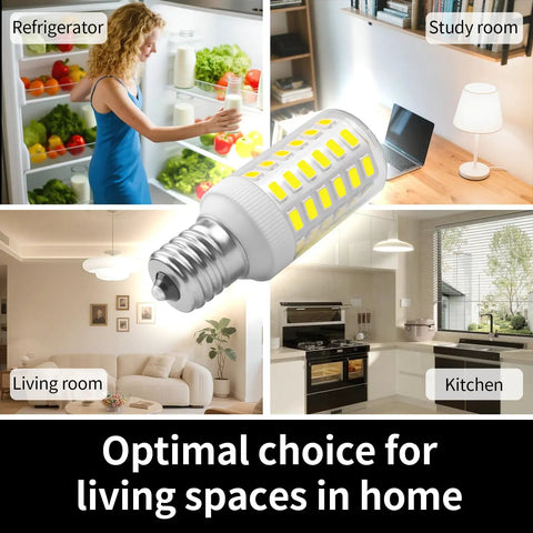 Two Pack E17 Refrigerator Light Bulbs 3.8W, 100-265V, Daylight White 5000K Fridge Light Replacement For KEI D28X D28M KEL 2815 2816X Bulbs shown in various home settings.