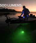 Fisherman using Submerser 500 Underwater Fishing Light 360 Degree Green LED 500 Lumens Waterproof Submersible To 30 Feet