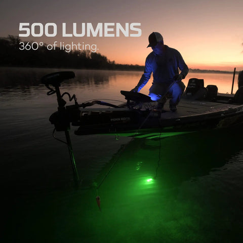 Fisherman using Submerser 500 Underwater Fishing Light 360 Degree Green LED 500 Lumens Waterproof Submersible To 30 Feet