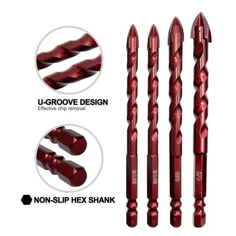 FEWELL masonry drill bit set, 10 pcs, 3/16-1/2 in, red-coated bits with non-slip hex shanks