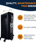 Oil Filled Radiator Space Heater 1500W With ComfortTemp Auto Thermostat shown with dimensions and maintenance-free features