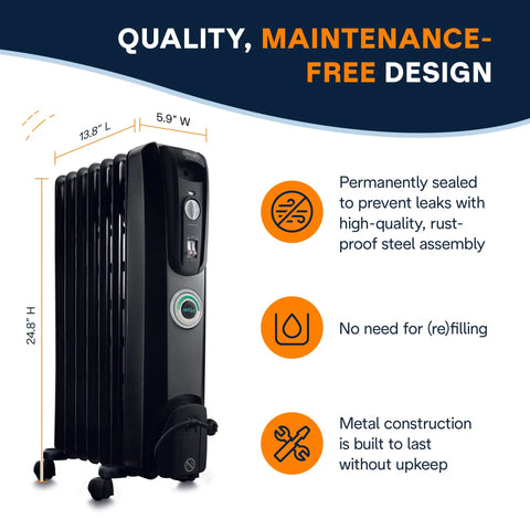 Oil Filled Radiator Space Heater 1500W With ComfortTemp Auto Thermostat shown with dimensions and maintenance-free features