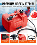 Marine Outboard Fuel Transfer Tank 3.17-Gallon With 9.8-Foot Hose, Gauge, And Yamaha Connector on a boat deck