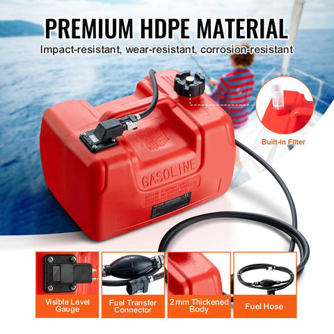 Marine Outboard Fuel Transfer Tank 3.17-Gallon With 9.8-Foot Hose, Gauge, And Yamaha Connector on a boat deck