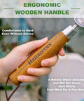 Close-up of ergonomic wood handle of Grab And Go Narrow Garden Trowel For Transplanting And Weeding Stainless Steel Widger