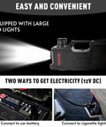 All In One 5 Ton 12V Electric Car Jack Kit with LED light, showing connections to car battery and cigarette lighter for power