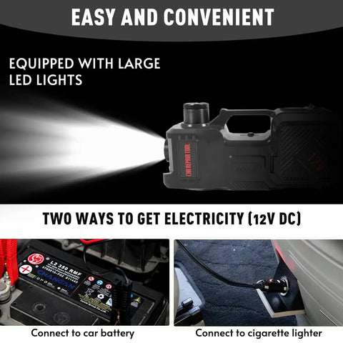 All In One 5 Ton 12V Electric Car Jack Kit with LED light, showing connections to car battery and cigarette lighter for power