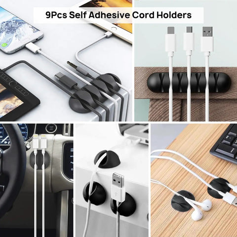 Collage showing Cable Management Kit For TV And Computer Setup with self-adhesive cord holders for desk and car organization.