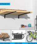 Wall-mounted heavy duty kayak storage rack for garage or outdoor use holding lumber with multiple storage options displayed.