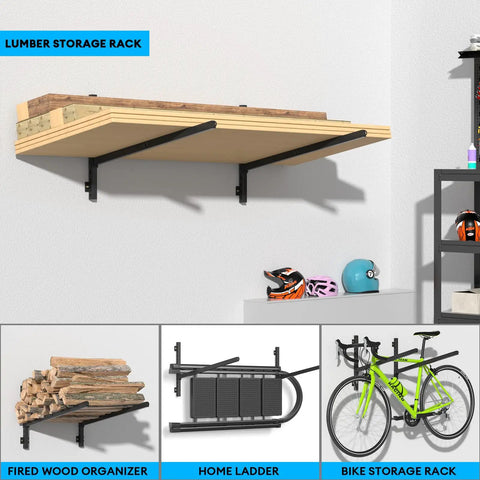 Wall-mounted heavy duty kayak storage rack for garage or outdoor use holding lumber with multiple storage options displayed.