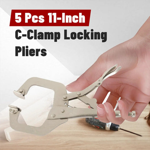 Hand holding 11 Inch Locking C Clamp Set 5 Pack Locking Pliers With Adjustable Welding Vise Clamps on wooden surface.