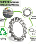 Image of 500-piece External Tooth Lock Washer Assortment Kit M2.5 to M12 made of 304 stainless steel, shown with elasticity and recycling features