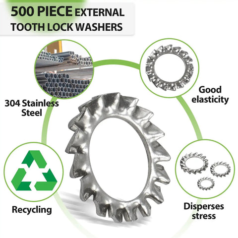 Image of 500-piece External Tooth Lock Washer Assortment Kit M2.5 to M12 made of 304 stainless steel, shown with elasticity and recycling features