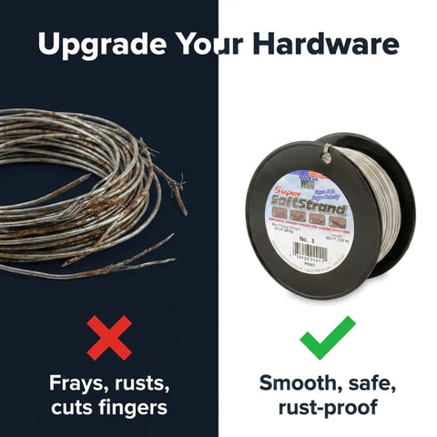 Comparison of frayed wire vs Picture Wire Vinyl Coated Stranded Stainless Steel 500 Feet Length Size Five Supports Frames Up To Forty Three Pounds With One Hundred Pound Break Strength For Artwork Mirrors Canvases And Wall Decor At Home Or In The Gallery on reel