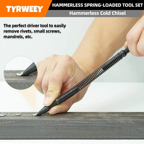 Hammerless cold chisel from Straight Up Pro 5 Piece Nail Setter And Center Punch Kit in use, designed for rivets and screws.