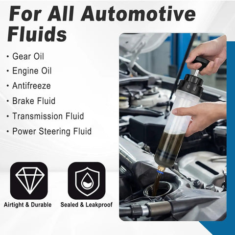 Professional Heavy Duty Manual Oil Extractor Pump With Slick No Drip Suction 200CC Dual PVC Hoses used for automotive fluid extraction.