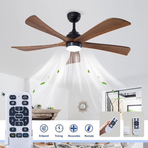 Geelife 52" 5PCS Solid Wood Blades Ceiling Fan with Lights Remote Control, matte black with integrated lighting.