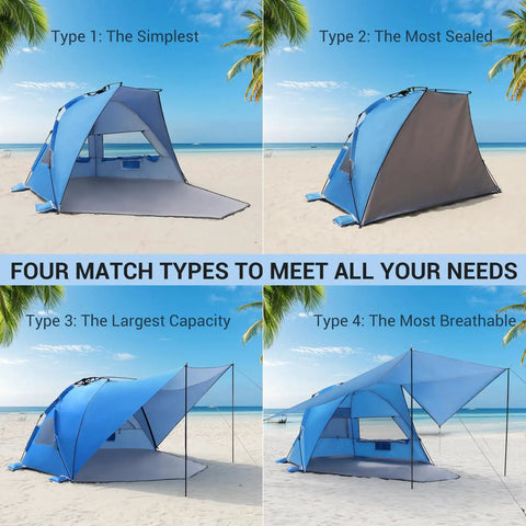 Pop Up Beach Tent With 360 Degree Removable Canopy for 4 to 6 people in four configurations on a beach.