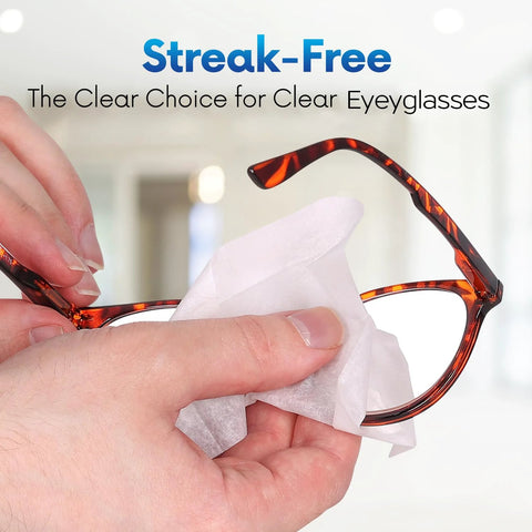 Using Pre Moistened Lens Wipes For Eyeglasses And Camera Lenses Streak Free 600 Pack to clean eyeglasses