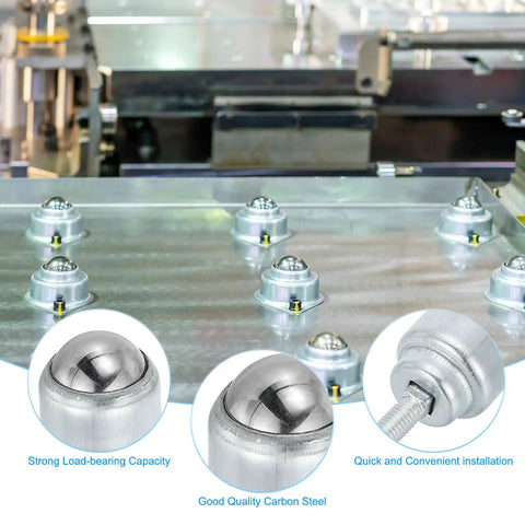 Four Pack Heavy Duty 3/4 Inch Roller Ball Transfer Bearings on metal surface, showcasing durable carbon steel design for smooth gliding.