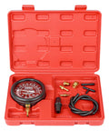 Fuel pressure and vacuum tester gauge kit in open red case with hose and brass adapters