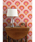 Bold Pink Geometric Sun Wallpaper With Matte Linen Texture Paste To Paper Accent Wall Roll Hella Durable Home Decor with lamp.