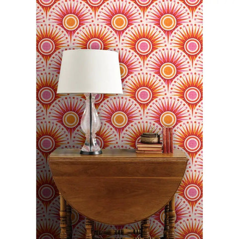 Bold Pink Geometric Sun Wallpaper With Matte Linen Texture Paste To Paper Accent Wall Roll Hella Durable Home Decor with lamp.