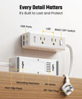 Top Shelf 15 Ft Extension Cord With Super Slim Flat Plug And Ten Spacious Outlets Including Six AC Jacks Two Quick Charge USB C Ports And Two Standard USB A Pads For No Nonsense Multi Gadget Charging At Home Or On The Road showing USB ports, AC outlets, and reset switch.