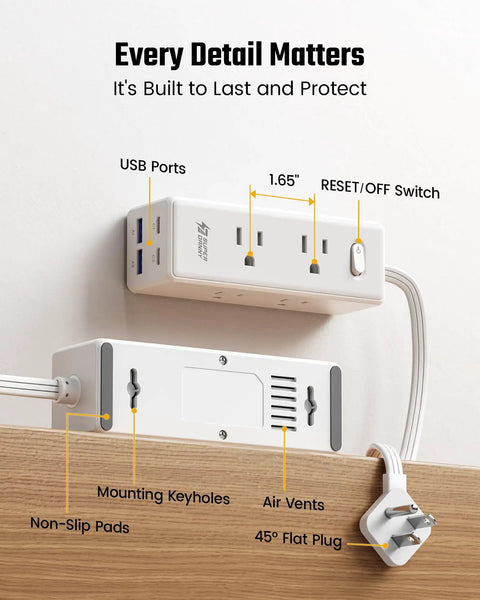 Top Shelf 15 Ft Extension Cord With Super Slim Flat Plug And Ten Spacious Outlets Including Six AC Jacks Two Quick Charge USB C Ports And Two Standard USB A Pads For No Nonsense Multi Gadget Charging At Home Or On The Road showing USB ports, AC outlets, and reset switch.