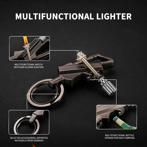 3 In 1 Infinity Lighter Keychain Permanent Match Lighter With Multitool Bottle Opener For Outdoor Survival Sleek Black And Gold Design Durable Key Ring Lighter For Camping And Everyday Carry on a dark background