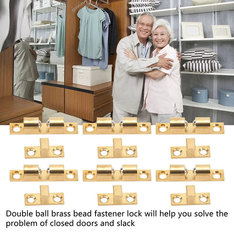 Brass Cabinet Door Catch Set With Dual Ball Snap Lock and Adjustable Tension, gold screws, 70mm latch, closet backdrop