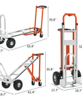 Heavy Duty Aluminum Three In One Convertible Hand Truck With Smooth Rolling Caster Wheels, Zero Hassle Assembly Folding Moving Dolly Cart, Eight Hundred Pound Load Limit Orange Finish shown in three configurations.