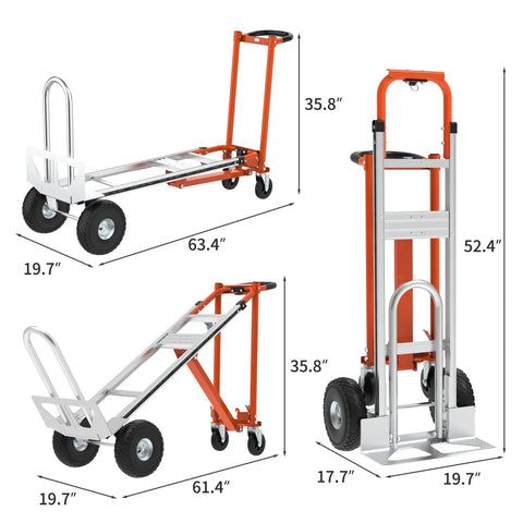 Heavy Duty Aluminum Three In One Convertible Hand Truck With Smooth Rolling Caster Wheels, Zero Hassle Assembly Folding Moving Dolly Cart, Eight Hundred Pound Load Limit Orange Finish shown in three configurations.