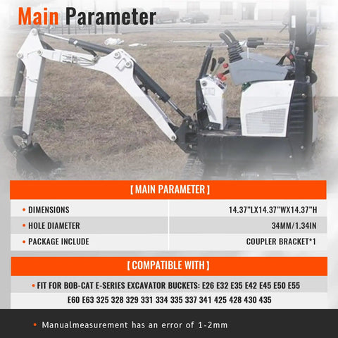 X Change Quick Hitch Coupler For Mini Excavators installed on a Bobcat, showing compatibility information and dimensions.