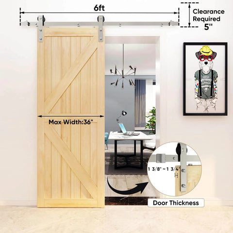 6 Ft Brushed Nickel Sliding Barn Door Hardware Kit With Smooth Quiet Hanger Rollers, easy to install on wooden door, front view