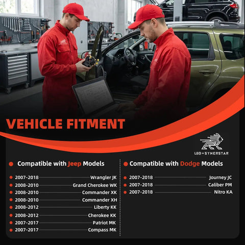 Technicians reviewing vehicle fitment for Jeep models from 2007-2018 in a workshop, highlighting compatibility.