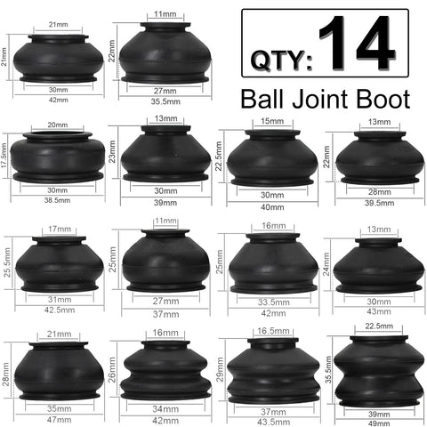 Universal Tie Rod Boots And Ball Joint Dust Cover Replacement Kit in 14 flexible rubber boots with groove seal, various sizes