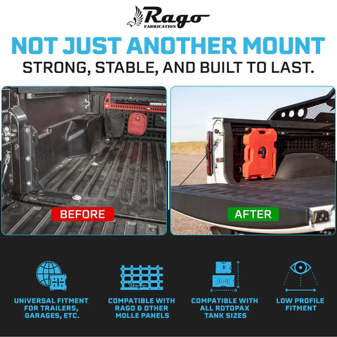 Rock Solid Molle Panel RotoPax Mount For Your Overland Trail Rig Durable Quick Lock Design for before and after installation comparison.