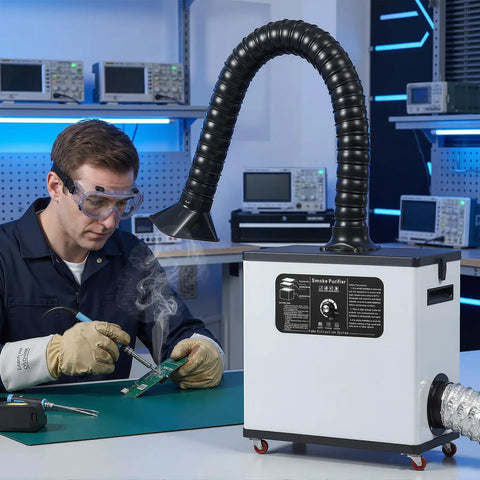 Heavy Duty Solder Fume Extractor With Medical Grade Filter Snags Up Nasty Smokes And Fine Dust Fast Keep Your Workbench Fresh And Breathe Easy With This Badass Air Scrubber Delivering Two Hundred Watt Suction Power in a workshop setup.
