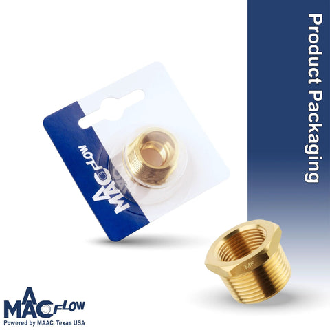 Brass adapter reducer hex bushing, 1/2 in NPT male to 1/4 in NPT female, MAACFLOW, in packaging