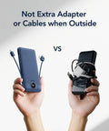 Comparison of All In One Portable Charger With Built In AC Plug And Cables, 10000mAh Ultra Slim Power Bank For Travel, Fast Charge Battery Pack For iPhone Android Samsung, No Extra Cables Needed, Navy, versus conventional charger with tangled cords.
