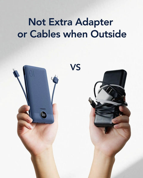 Comparison of All In One Portable Charger With Built In AC Plug And Cables, 10000mAh Ultra Slim Power Bank For Travel, Fast Charge Battery Pack For iPhone Android Samsung, No Extra Cables Needed, Navy, versus conventional charger with tangled cords.