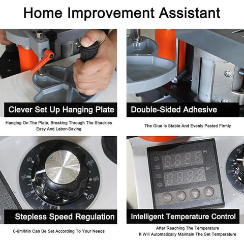 Home Improvement Assistant showcasing Portable Edge Bander For Woodworking with speed and temperature controls visible.