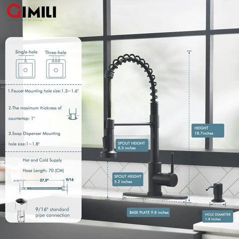 Diagram of Matte Black Kitchen Faucet With Soap Dispenser And Pull Down Sprayer Pro Grade Commercial Single Handle Spring Pullout Faucet dimensions