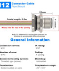 Diagram of Industrial 8 Pin M12 Sensor Cable With Unshielded Wire, A Coded, Front Mount Straight Male Connector, IP67 Waterproof, 0.2M.